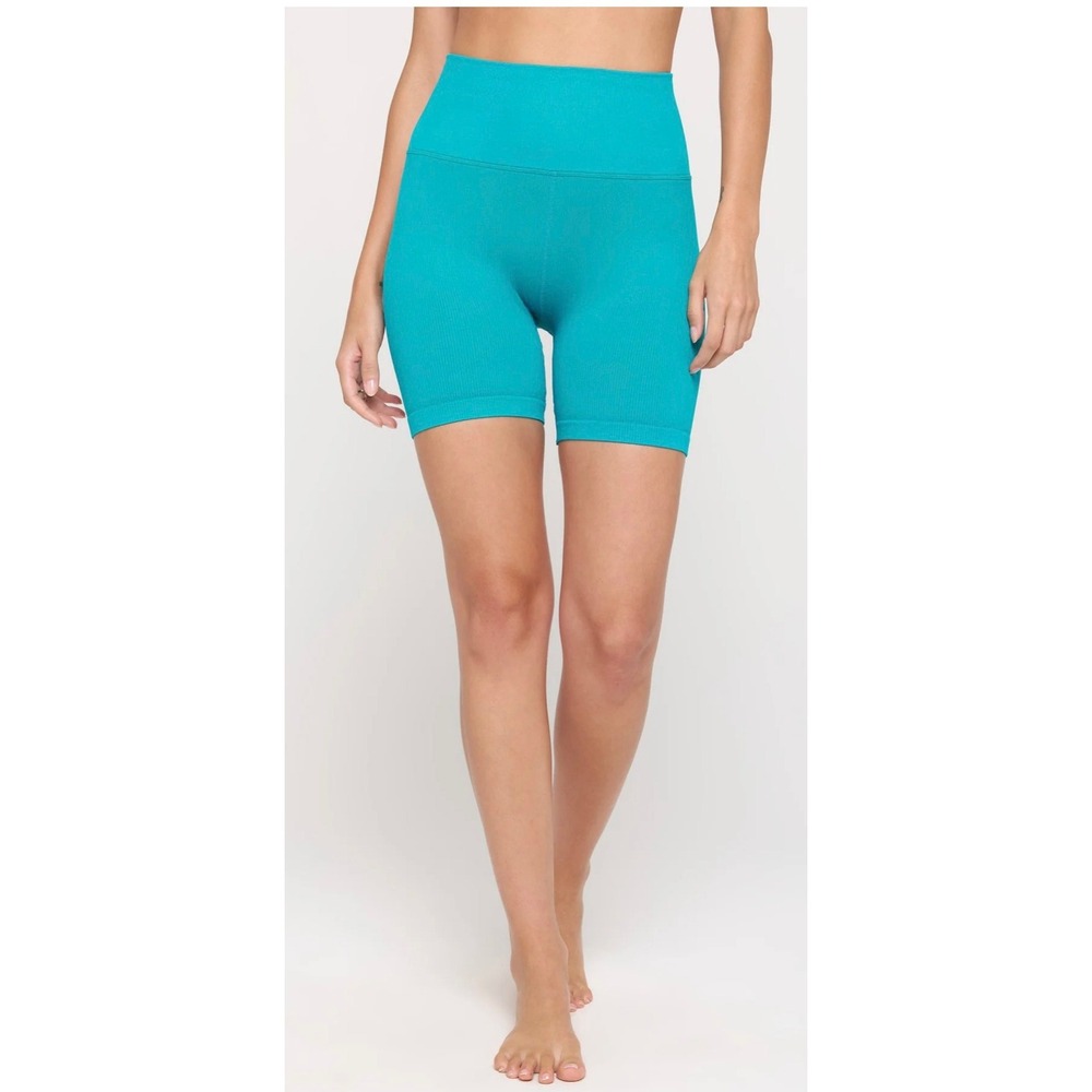 Spiritual Gangster Love Sculpt 5" Biker Shorts Teal Blue Ribbed High Rise M/L
